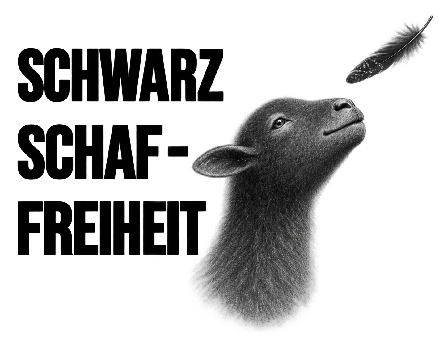 Zeichnung eines schwarzen Lamms, das den Kopf hebt, um eine fallende Feder zu betrachten